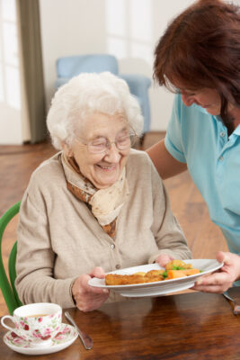 Senior Woman Being Served Meal By Carer
