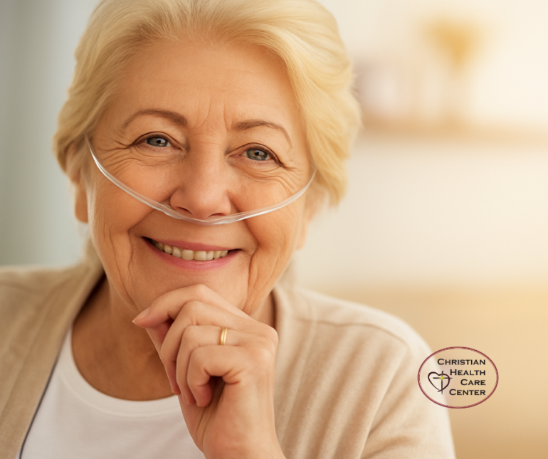 A long-term care resident with pulmonary conditions, smiling.